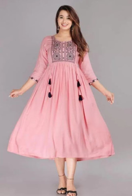 Yugta Women Fit and Flare Pink Midi/Calf Length Dress