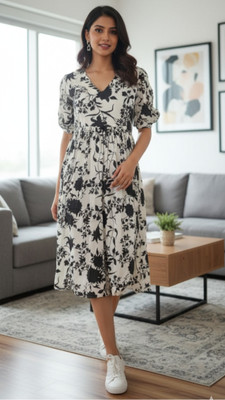 ROSEMELON Women A-line Black, Yellow Knee Length Dress