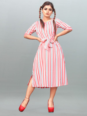tanvi creation Women Fit and Flare Pink Midi/Calf Length Dress