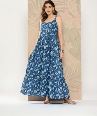 Nayo Women Ethnic Dress Light Blue, Dark Blue Maxi/Full Length Dress