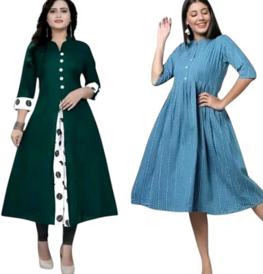 Houseofcommonk Women Striped Anarkali Kurta(Green, Light Blue)