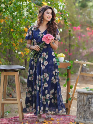 Herway Women Fit and Flare Blue Maxi/Full Length Dress