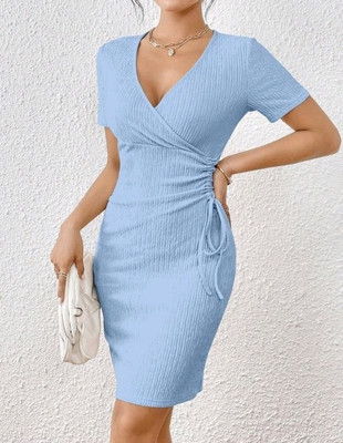 AADESH ENTERPRISE Women Bodycon Light Blue Above Knee/Mid Thigh Length Dress