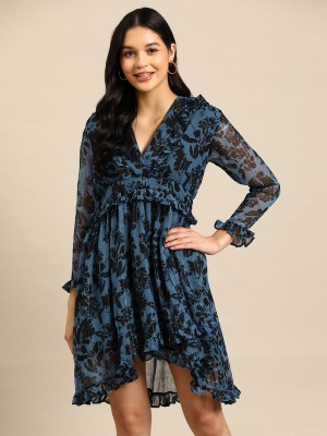 WoowZerZ Women Gathered Dark Blue, Black Dress