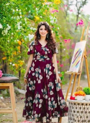 HK SHOPEE Women Fit and Flare Maroon Maxi/Full Length Dress
