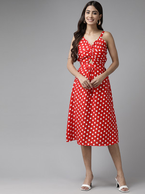 Aarika Women Skater Red, White Knee Length Dress