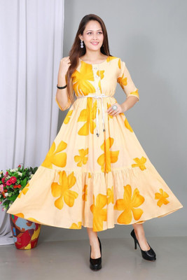 ITC FASHION Women A-line Yellow Maxi/Full Length Dress