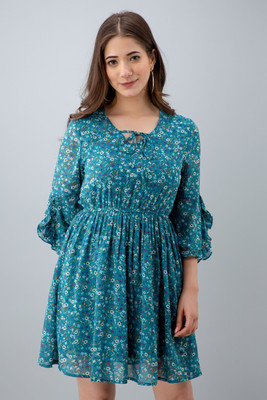 CELESTINA Women Gathered Blue Above Knee/Mid Thigh Length Dress