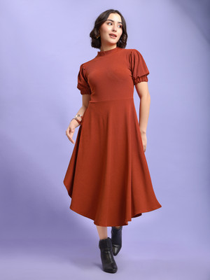 PURVAJA Women Asymmetric Brown Knee Length Dress