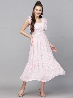 AAYU Women Fit and Flare White, Pink Midi/Calf Length Dress