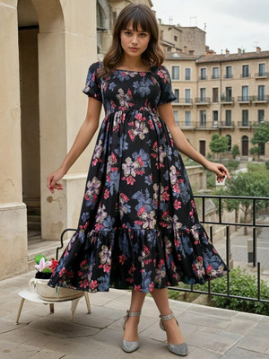Deklook Women Fit and Flare Multicolor Midi/Calf Length Dress