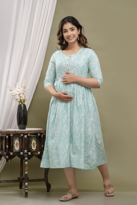 COTTON MULMUL STORE Women A-line Light Blue Midi/Calf Length Dress