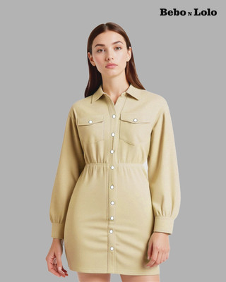 BEBONLOLO Women Shirt Beige Above Knee/Mid Thigh Length Dress