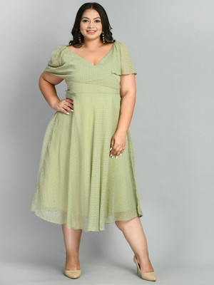 PrettyPlus by Desinoor.com Women Fit and Flare Light Green Midi/Calf Length Dress