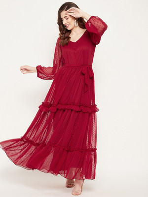 HouseOfCommon Women Fit and Flare Red Maxi/Full Length Dress