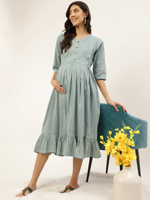Negen Women Fit and Flare Light Blue Midi/Calf Length Dress