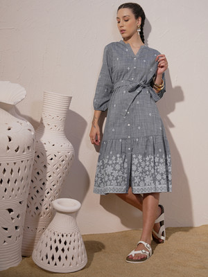 Vishudh Women Fit and Flare Blue Midi/Calf Length Dress