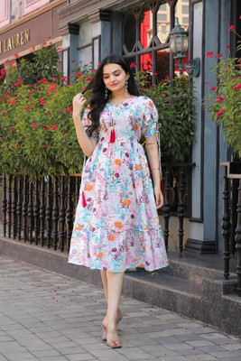 vero collar Women Fit and Flare White Midi/Calf Length Dress