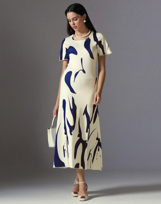 Selvia Women A-line Beige, Dark Blue Midi/Calf Length Dress