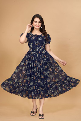 Mahi Fashion Stores Women Fit and Flare Blue Maxi/Full Length Dress