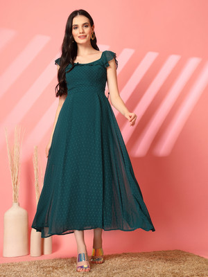 AAYU Women Fit and Flare Green Maxi/Full Length Dress