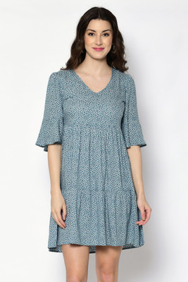 Azzurra Women A-line Light Blue Above Knee/Mid Thigh Length Dress