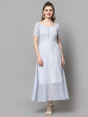 AAYU Women Fit and Flare Blue, White, Green Maxi/Full Length Dress
