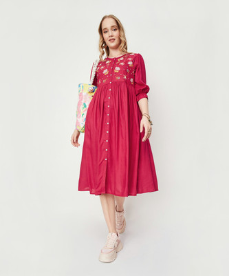 MAX Women A-line Red Midi/Calf Length Dress