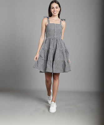 MARC LOUIS Women Fit and Flare Black, White Above Knee/Mid Thigh Length Dress