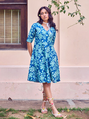 Aravalii ecommerce Women Fit and Flare Blue Mini/Short Dress