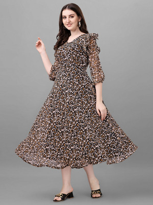 Fashion2wear Women A-line Black, White, Brown Midi/Calf Length Dress