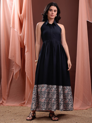 PURVAJA Women Fit and Flare Black Maxi/Full Length Dress
