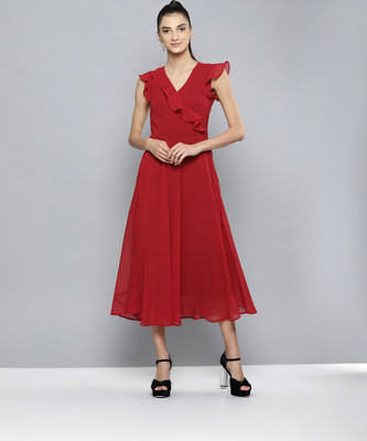 HARPA Women Fit and Flare Red Maxi/Full Length Dress