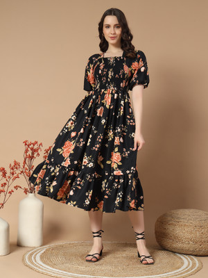 OTABU Women Fit and Flare Black Midi/Calf Length Dress