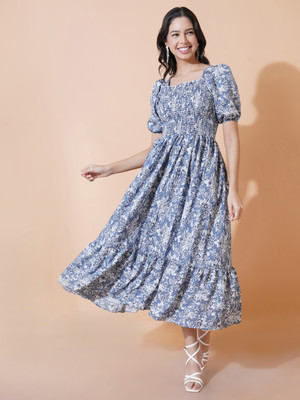 OTABU Women Fit and Flare Light Blue, White, Dark Blue Midi/Calf Length Dress