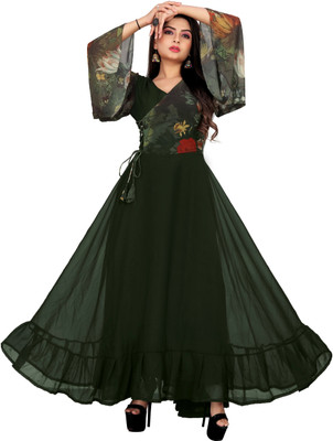 ARYANE1604 Women A-line Green Maxi/Full Length Dress