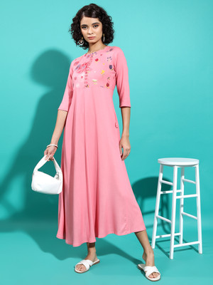 Vishudh Women A-line Multicolor Midi/Calf Length Dress