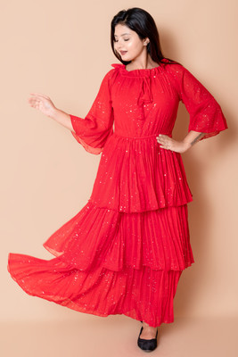 AKSHA CREATION Women Layered Red Maxi/Full Length Dress