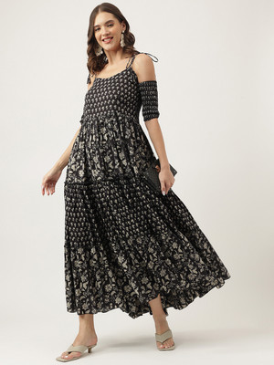 DIVENA Women Fit and Flare Black, Beige Maxi/Full Length Dress
