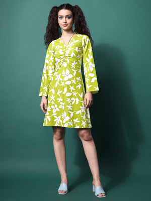PURVAJA Women A-line Green Above Knee/Mid Thigh Length Dress