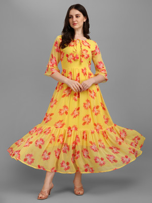 HK SHOPEE Women Fit and Flare Yellow Midi/Calf Length Dress