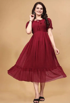 Styliisaa Women Fit and Flare Maroon Midi/Calf Length Dress