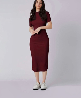 DESIGN PLUS FASHION Women Bodycon Maroon Below Knee Dress