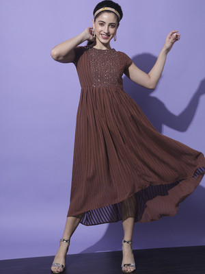 SLENOR Women A-line Brown Midi/Calf Length Dress