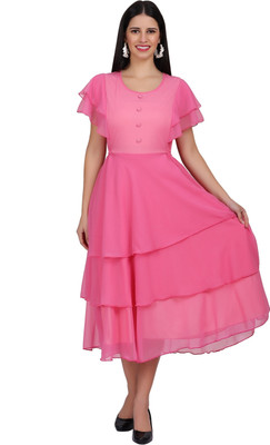 MUZUN Women A-line Pink Midi/Calf Length Dress