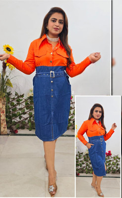 TIARO Women A-line Orange Below Knee Dress