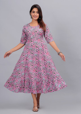 Sanganeri Kurti Women A-line Pink Midi/Calf Length Dress