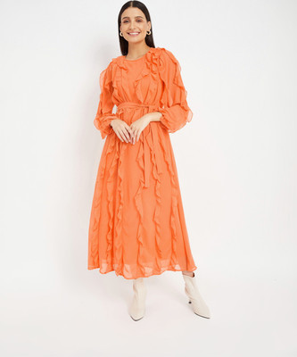 DRAPE AND DAZZLE Women A-line Orange Midi/Calf Length Dress