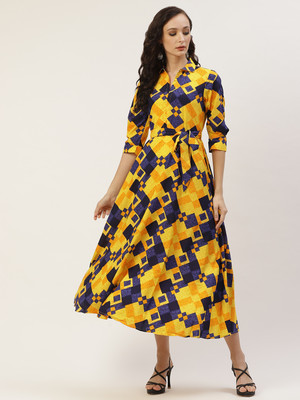 Dressberry Women Empire Waist Yellow, Blue Midi/Calf Length Dress