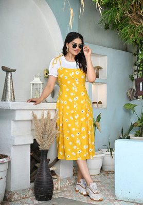 sadhnazon Women Fit and Flare Yellow Midi/Calf Length Dress